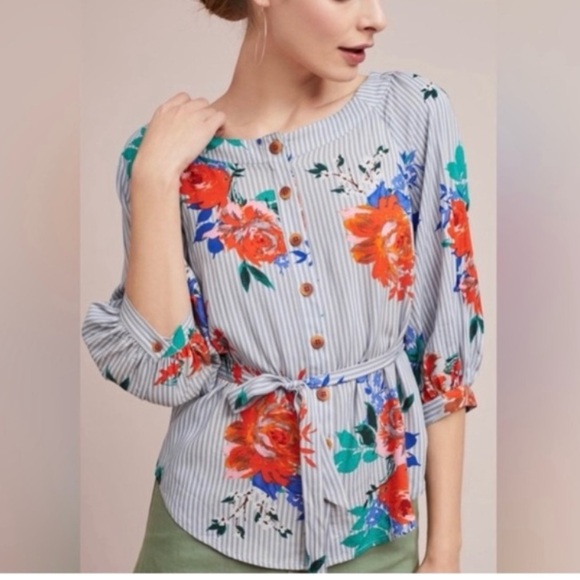 Anthropologie Tops - Anthropologie Maeve Blue Floral Striped Shirt